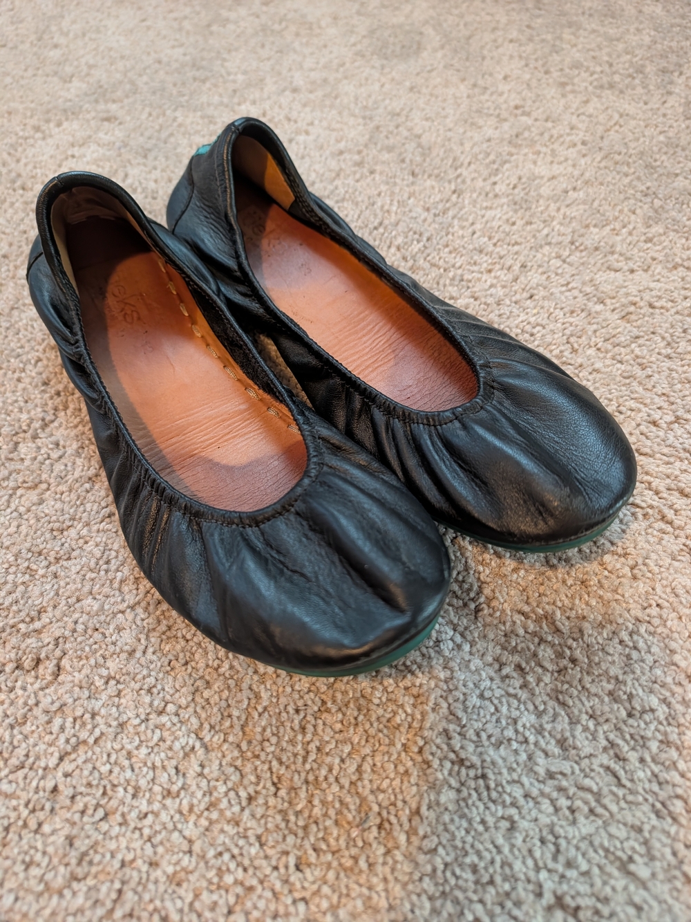 Tieks Matte Black Leather Ballet Flats with Subtle Teal Sole Accent